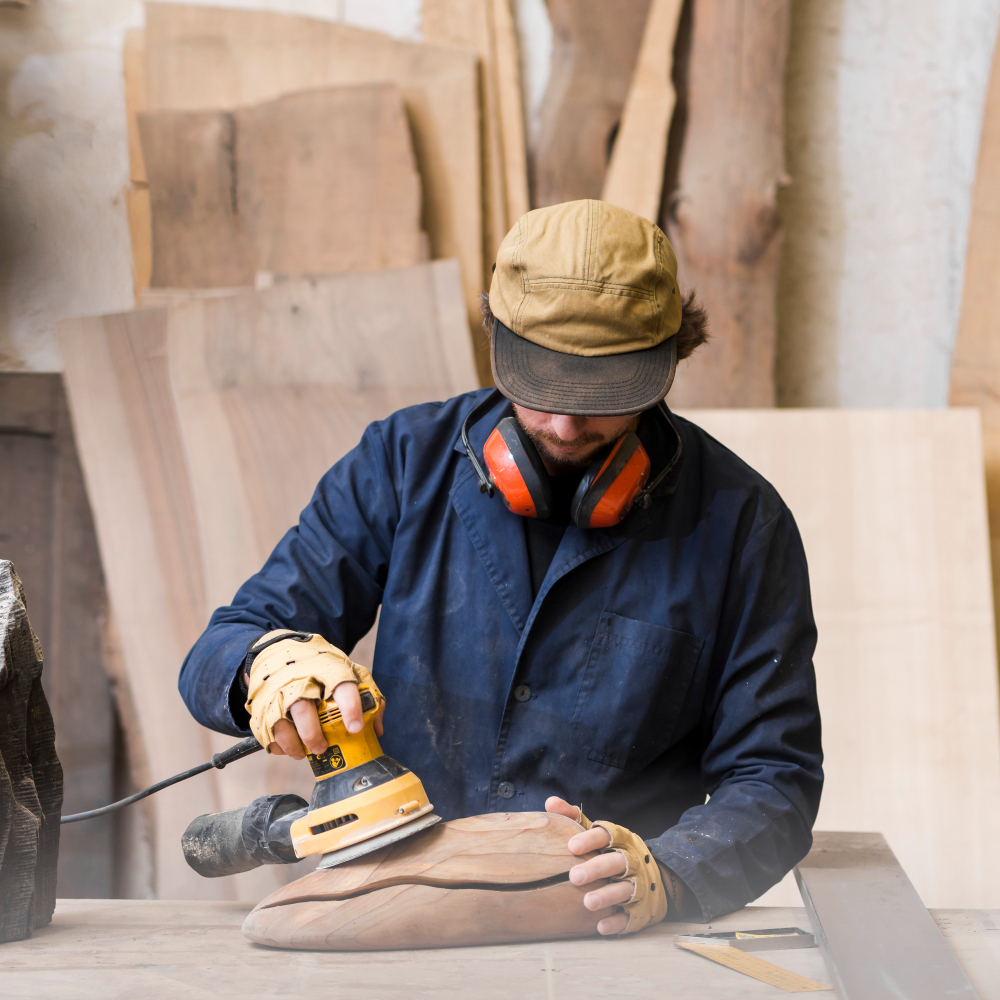 close up man with ear defender around his neck using sander smoothing wooden block